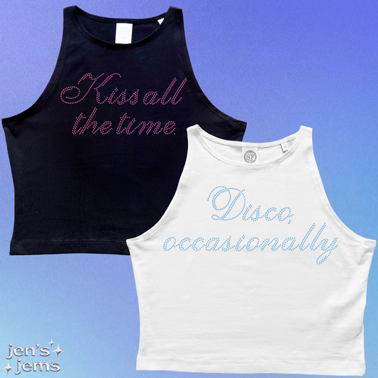 Harry Styles Rhinestone Cropped Script Vest "Kiss All The Time. Disco Occasionally"