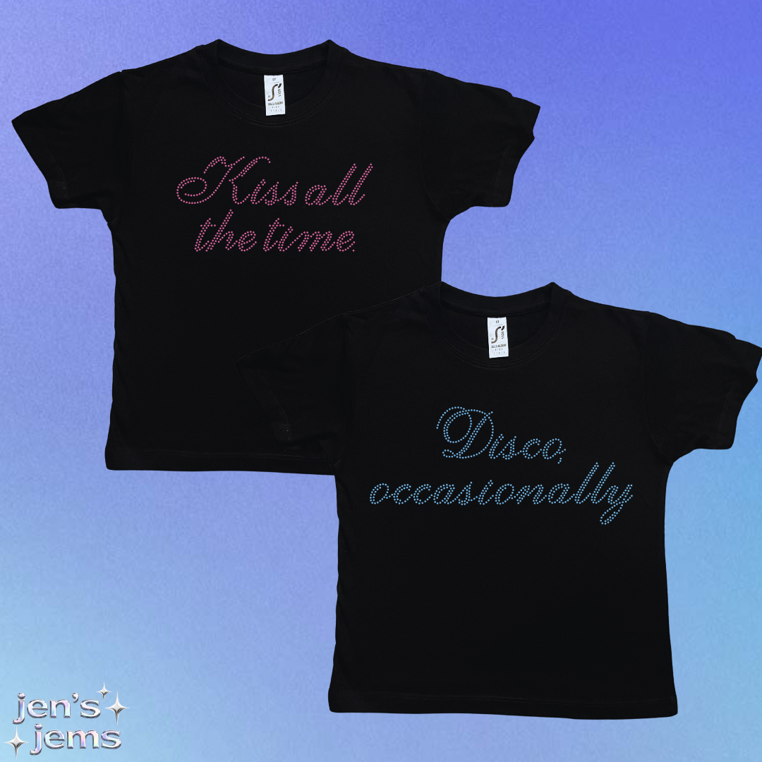 Harry Styles Rhinestone Script Baby Tee: "Kiss All The Time. Disco Occasionally"