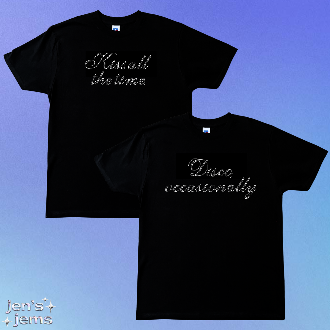 Harry Styles Rhinestone Oversized Script T-Shirt: "Kiss All The Time. Disco Occasionally"